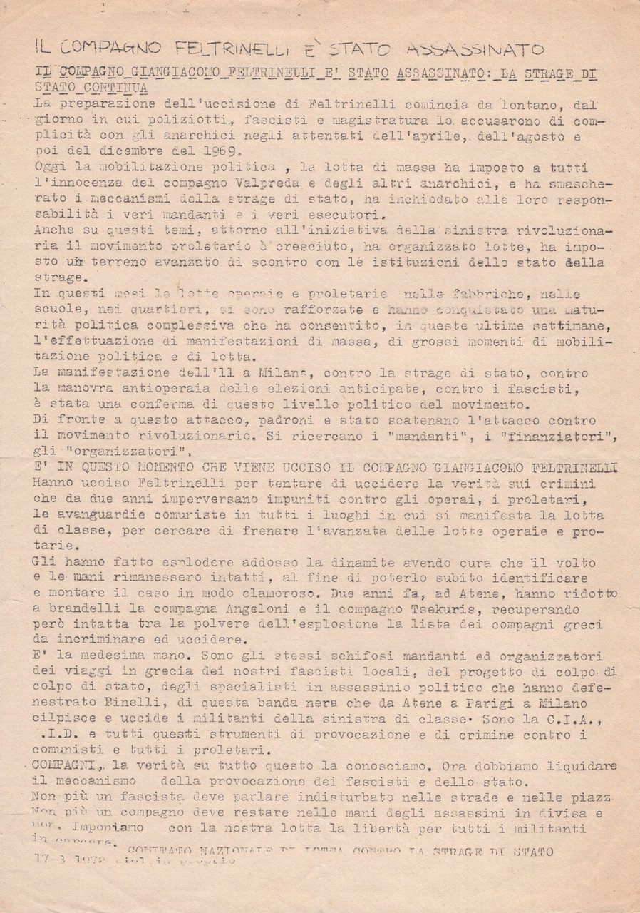 (Feltrinelli) Il compagno Feltrinelli è stato assassinato: la strage di … | Immagine principale