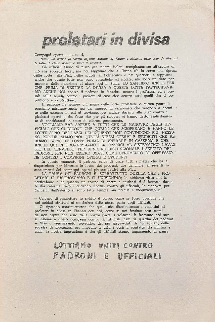 Lottiamo uniti contro padroni e ufficiali. Volantino | Immagine principale
