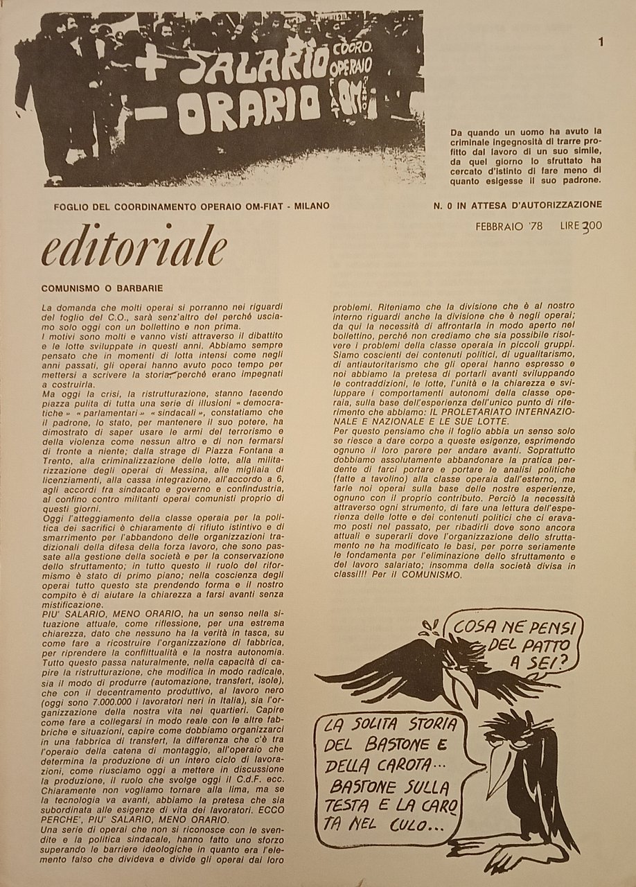 Più salario meno orario. Foglio del Coordinamento operaio OM-FIAT, Milano. … | Immagine principale