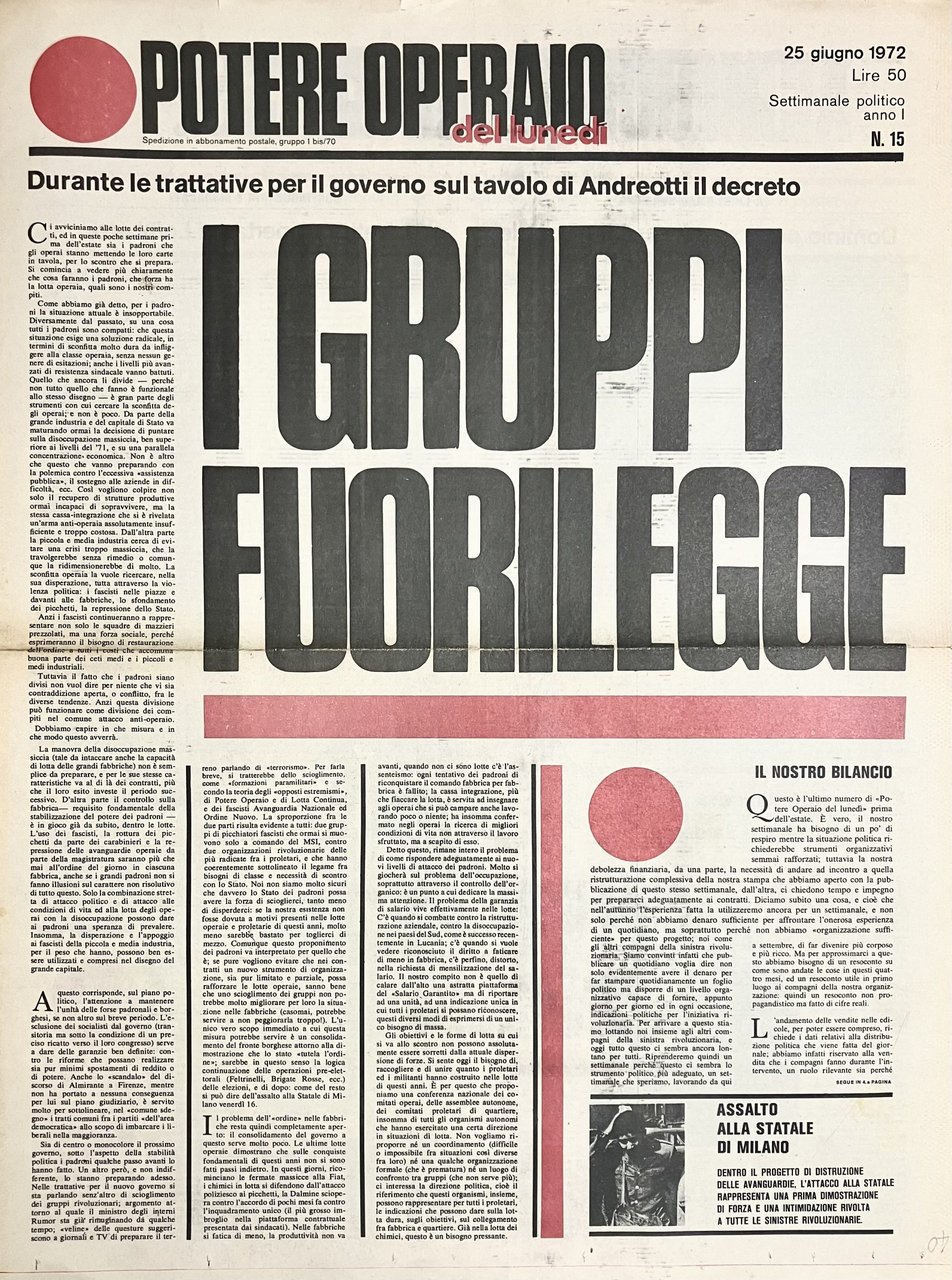 Potere operaio del lunedì. Settimanale politico. Anno I N. 15. …