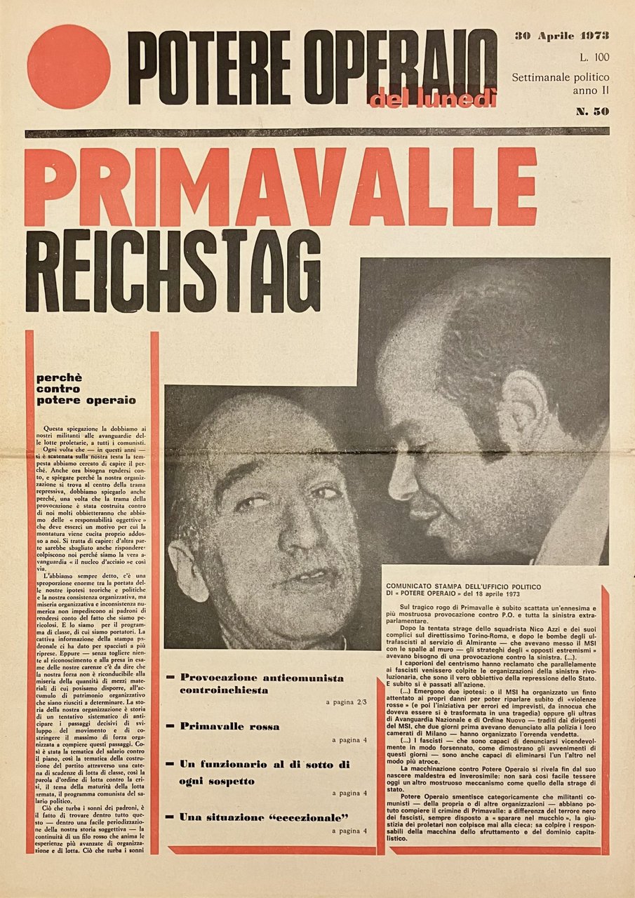 Primavalle Reichstag. Potere operaio del lunedì. Anno II N. 50