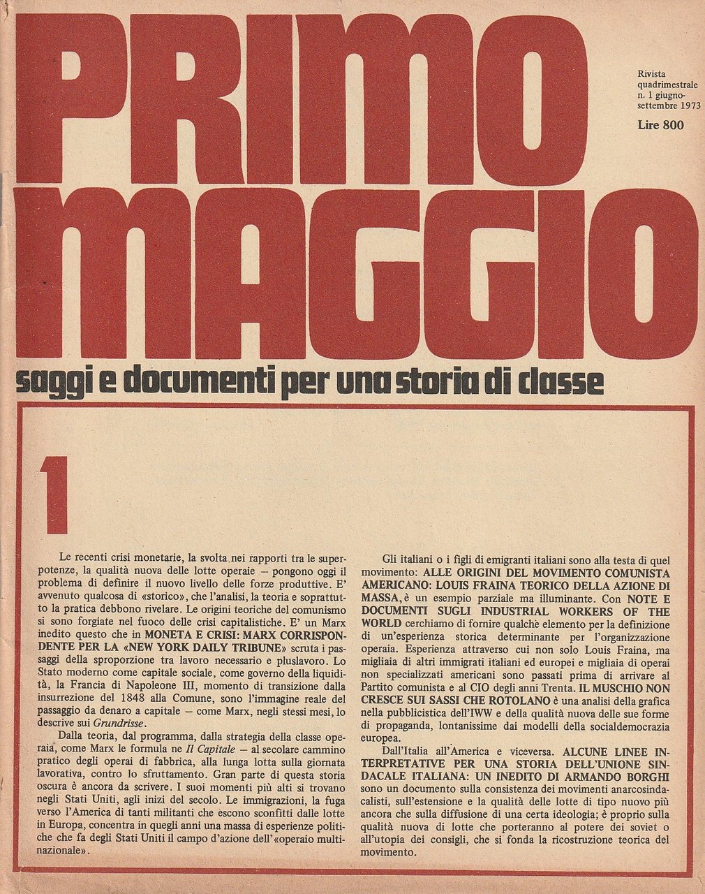 Primo maggio. Rivista quadrimestrale. N. 1. maggio 1973