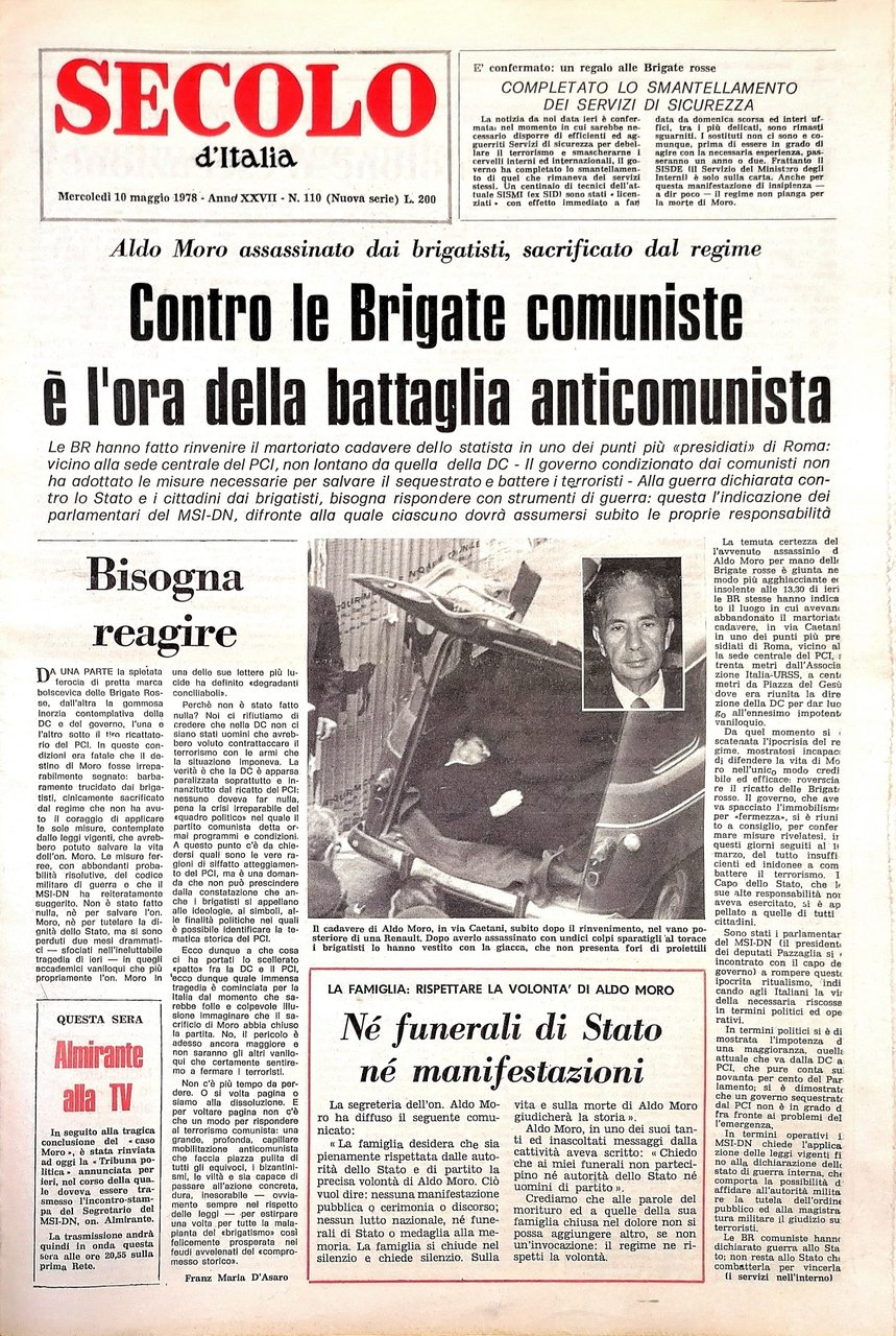 Secolo d'Italia. Mercoledì 10 maggio 1978. Anno XXVII, N. 110 … | Immagine principale