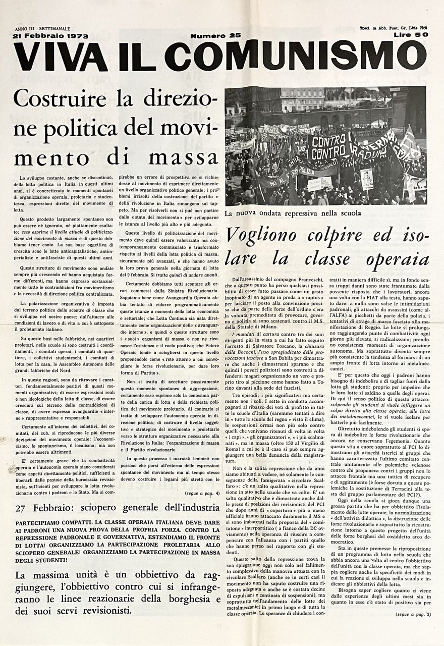 Viva il comunismo. Anno III Numero 25. 21 Febbraio 1973