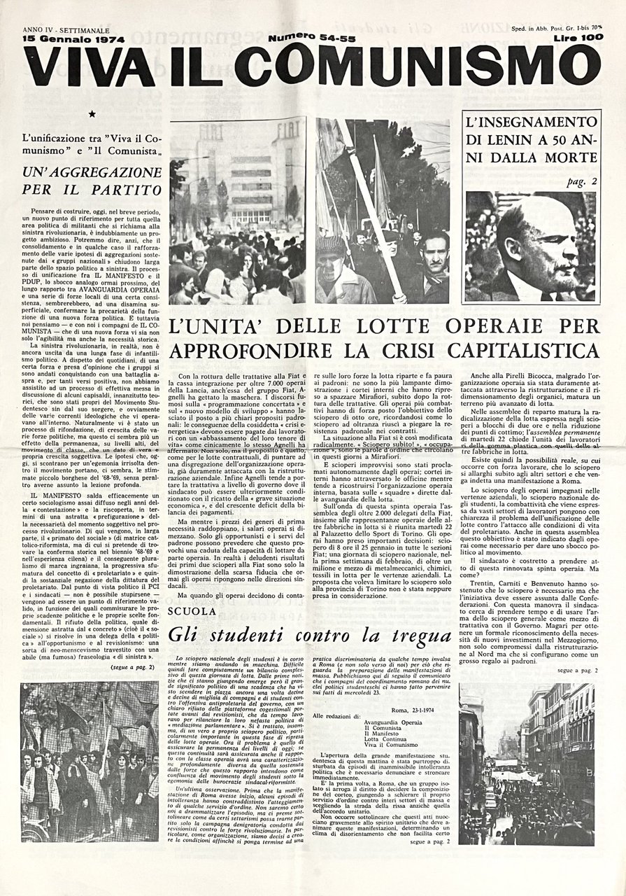 Viva il comunismo. Anno IV Numero 54-55. 15 Gennaio 1974