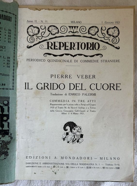 1 GIUGNO 1921 REPERTORIO PERIODICO QUINDICINALE DI COMMEDIE STRANIERE PIERRE …