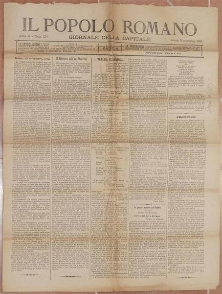IL POPOLO ROMANO GIORNALE DELLA CAPITALE ROMA, 14 SETTEMBRE 1882