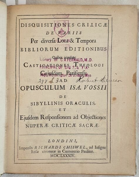 DISQUISITIONES CRITICAE DE VARIIS PER DIVERSA LOCA & TEMPORA BIBLIORUM …