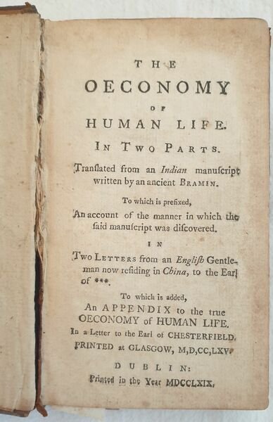 THE OECONOMY OF HUMAN LIFE TRANSLATED FROM THE INDIAN MANUSCRIPT …