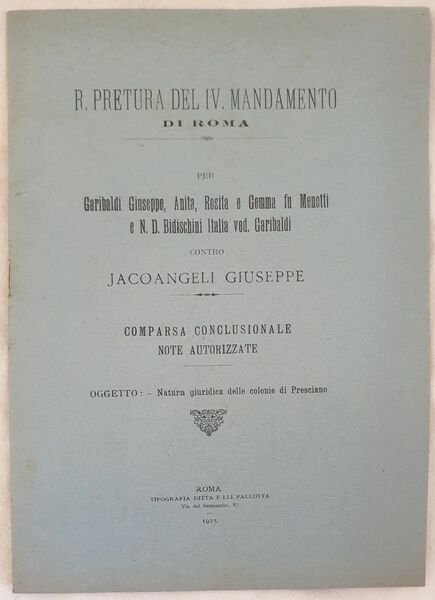 R. PRETURA DEL IV MANDAMENTO PER GARIBALDI GIUSEPPE, ANITA, ROSITA …