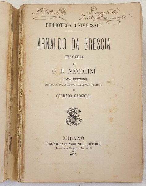 ARNALDO DA BRESCIA TRAGEDIA DI G. B. NICCOLINI