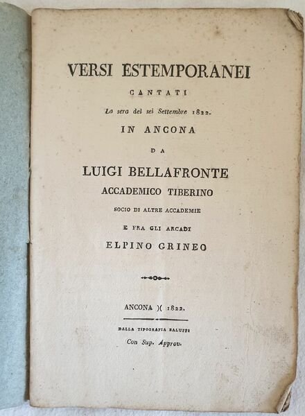 VERSI ESTEMPORANEI CANTATI LA SERA DEL SEI SETTEMBRE 1822 IN …