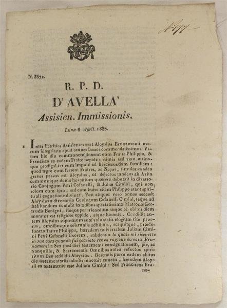 D'AVELLA ASSISIEN IMMISSIONIS LUNOE 6 APRIL. 1835