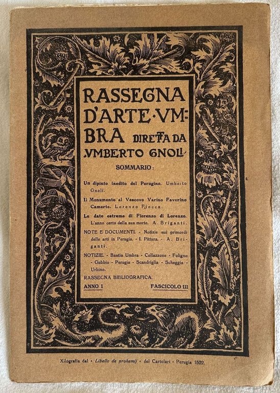 ANNO I PERUGIA 15 AGOSTO 1910 RASSEGNA D'ARTE UMBRA DIRETTA DA UMBERTO GNOLI