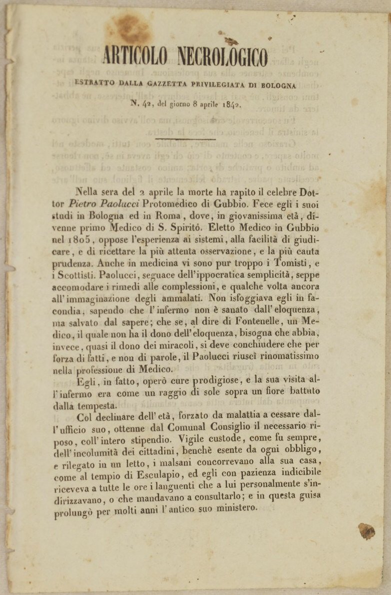 ARTICOLO NECROLOGICO ESTRATTO DALLA GAZZETTA PRIVILEGIATA DI BOLOGNA N. 42 …