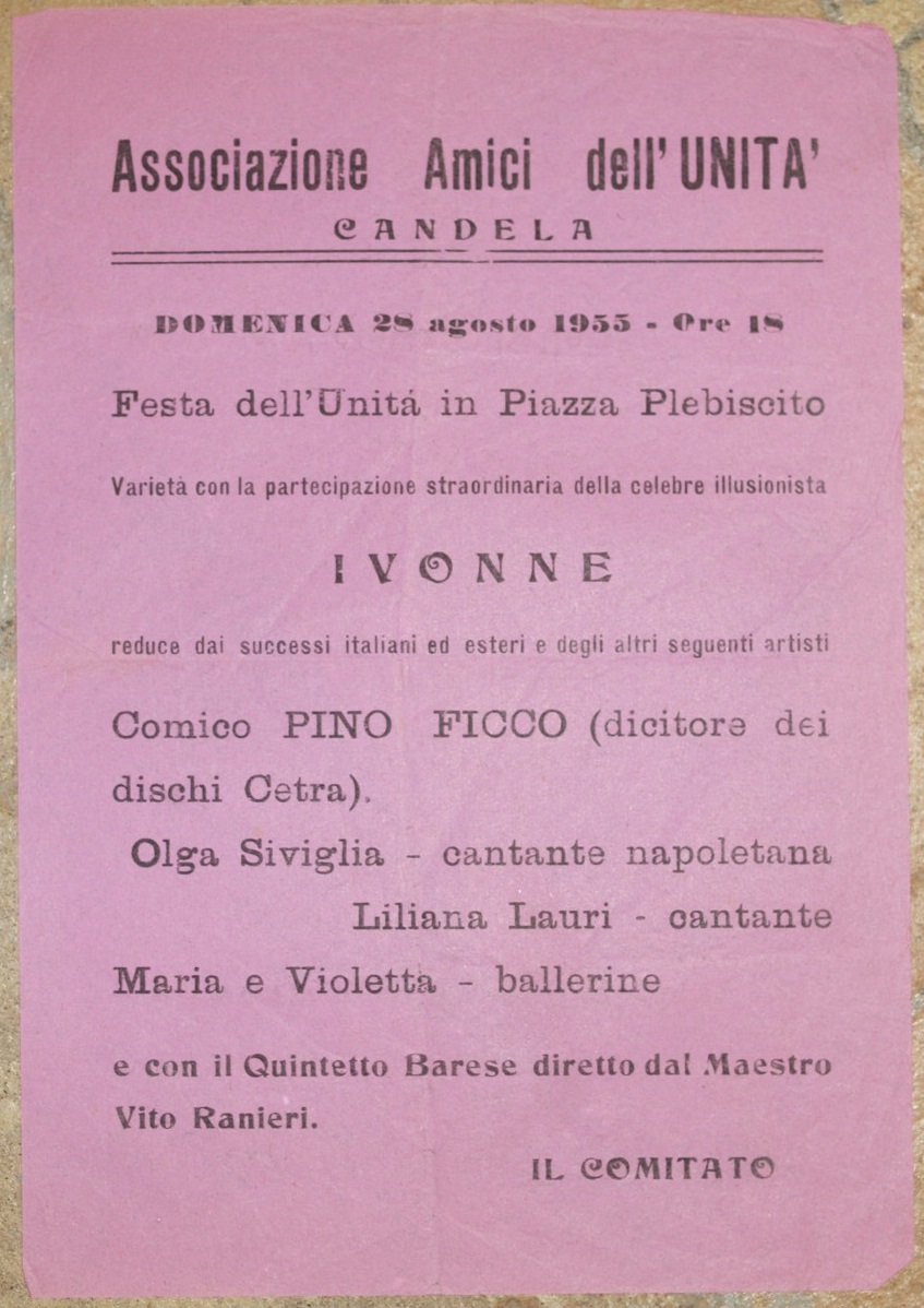 ASSOCIAZIONE AMICI DELL'UNITA CANDELA DOMENICA 28 AGOSTO 1955 - ORE …