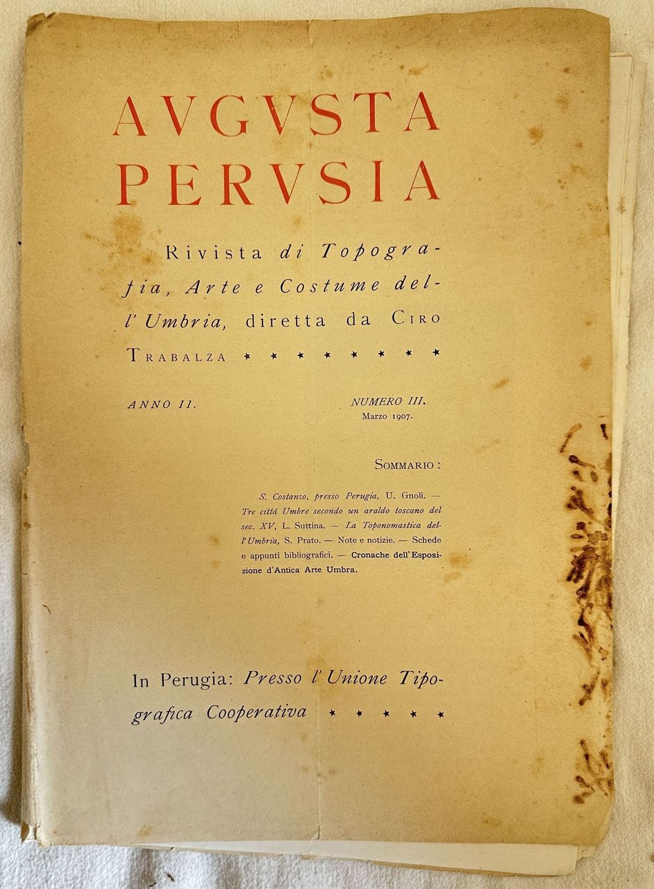 AUGUSTA PERUSIA RIVISTA DI TOPOGRAFIA. ARTE E COSTUME DELL'UMBRIA MARZO … | Immagine principale