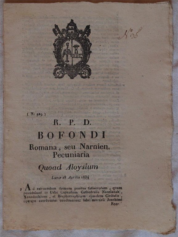 BOFONDI ROMANA SEU NARNIEN PECUNIARIA QUOAD ALOYSIUM LUNOE 28 APRILIS …