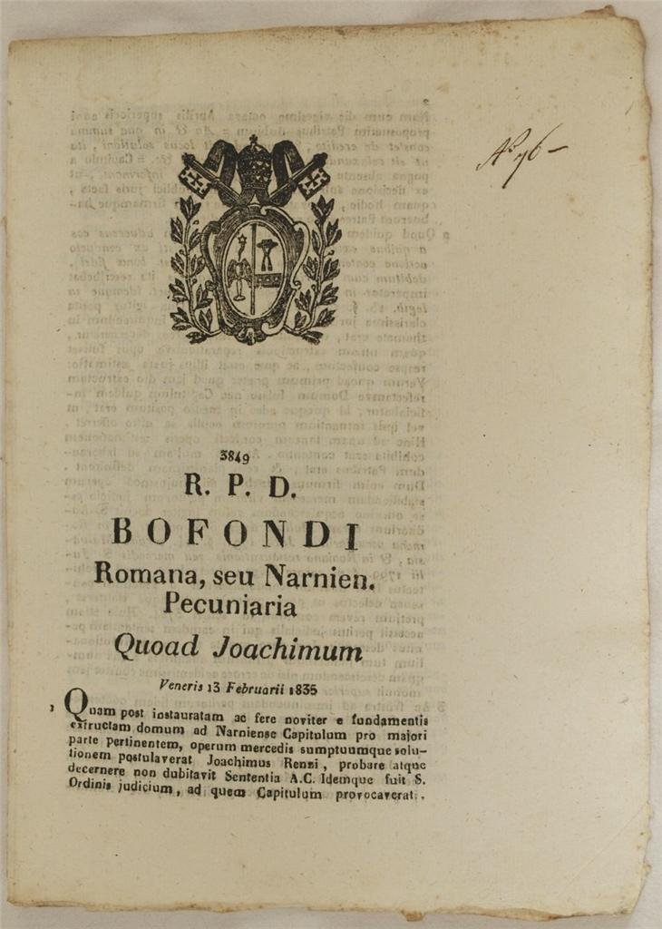 BOFONDI ROMANA SEU NARNIEN PECUNIARIA QUOAD JOACHIMUM VENERIS 13 FEBRUARII …