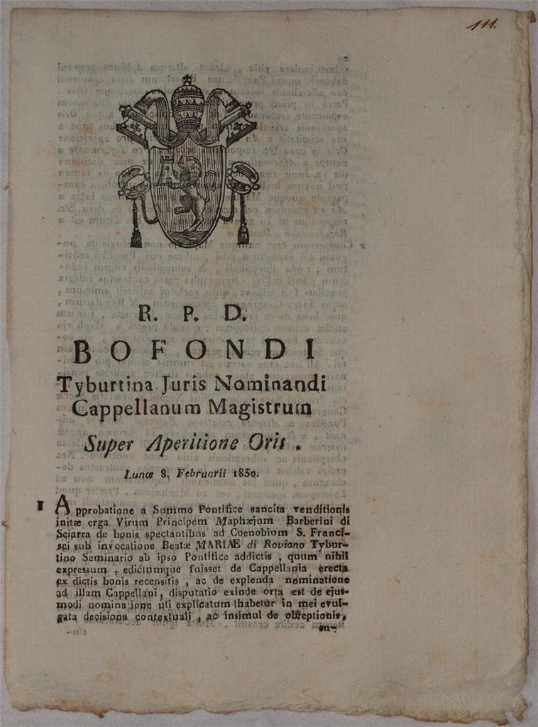 BOFONDI TYBURTINA JURIS NOMINANDI CAPELLANUM MAGISTRUM SUPER APERITIONE ORIS LUNOE …