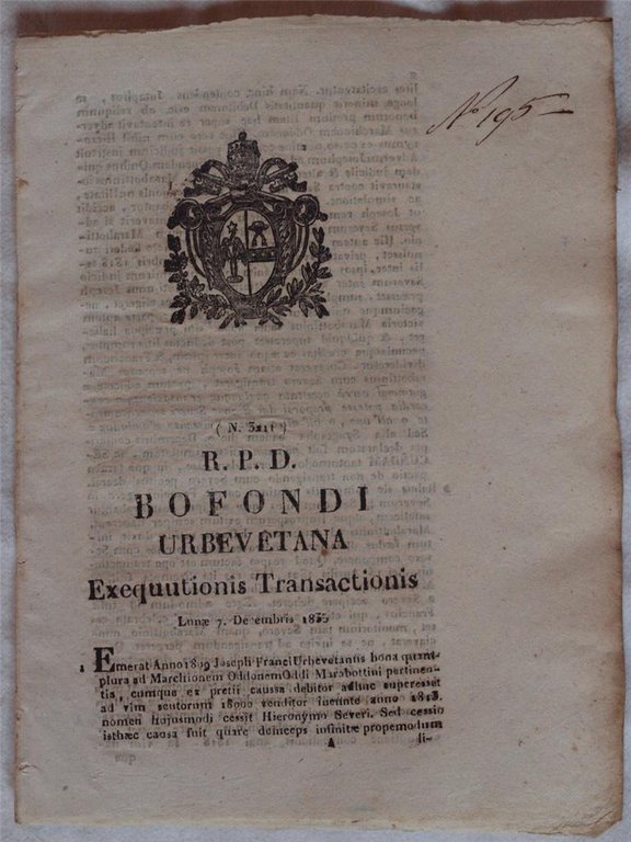 BOFONDI URBEVETANA EXEQUUTIONIS TRANSACTIONIS LUNOE 7 DECEMBRIS 1835