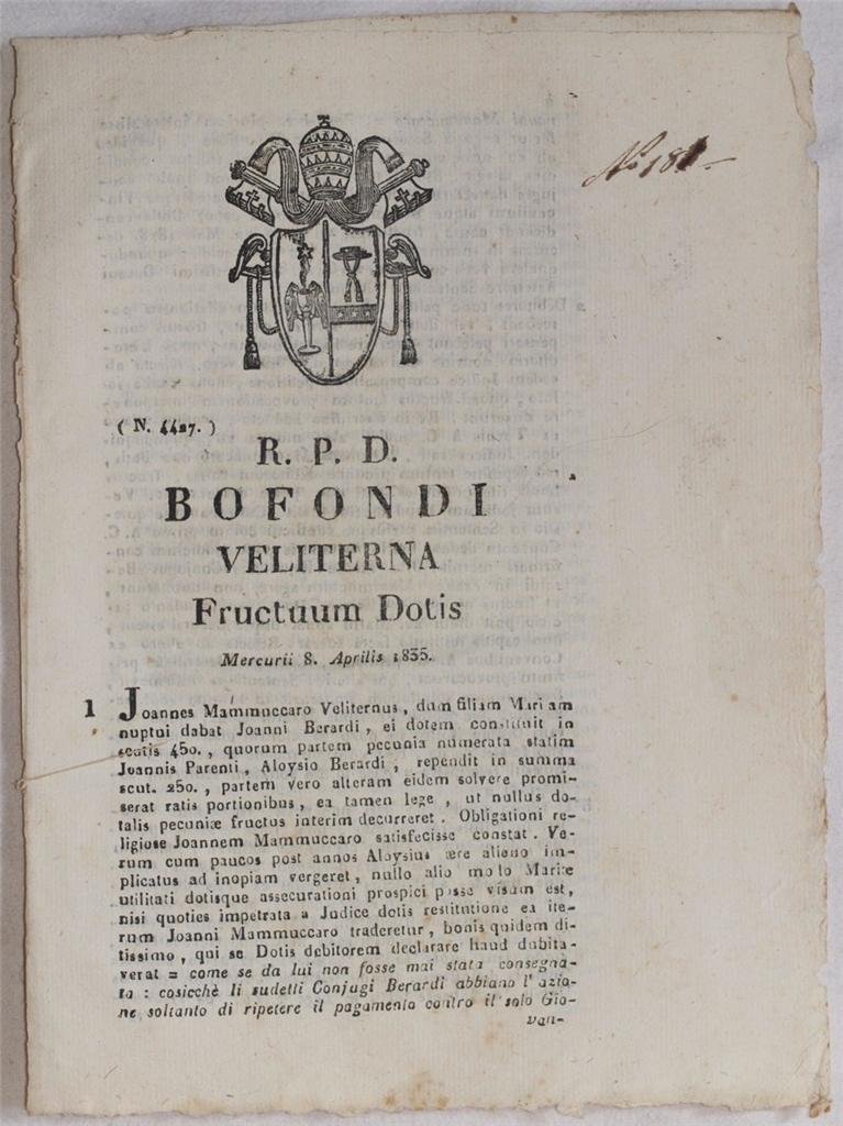 BOFONDI VELITERNA FRUCTUUM DOTIS MERCURII 8 APRILIS 1835