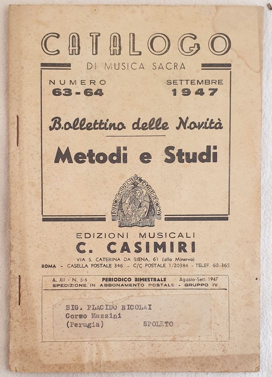 CATALOGO DI MUSICA SACRA NUMERO 63 64 SETTEMBRE 1947 BOLLETTINO …