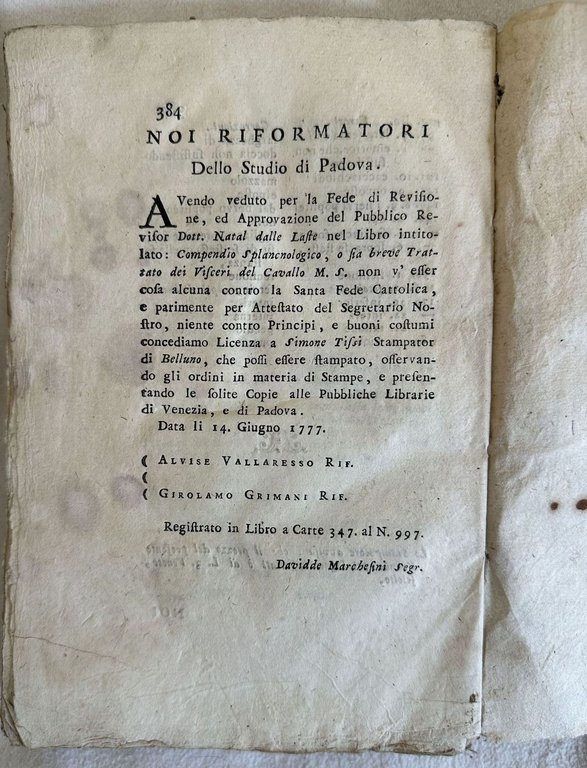 COMPENDIO SPLANCNOLOGICO O SIA BREVE TRATTATO DEI VISCERI DEL CAVALLO