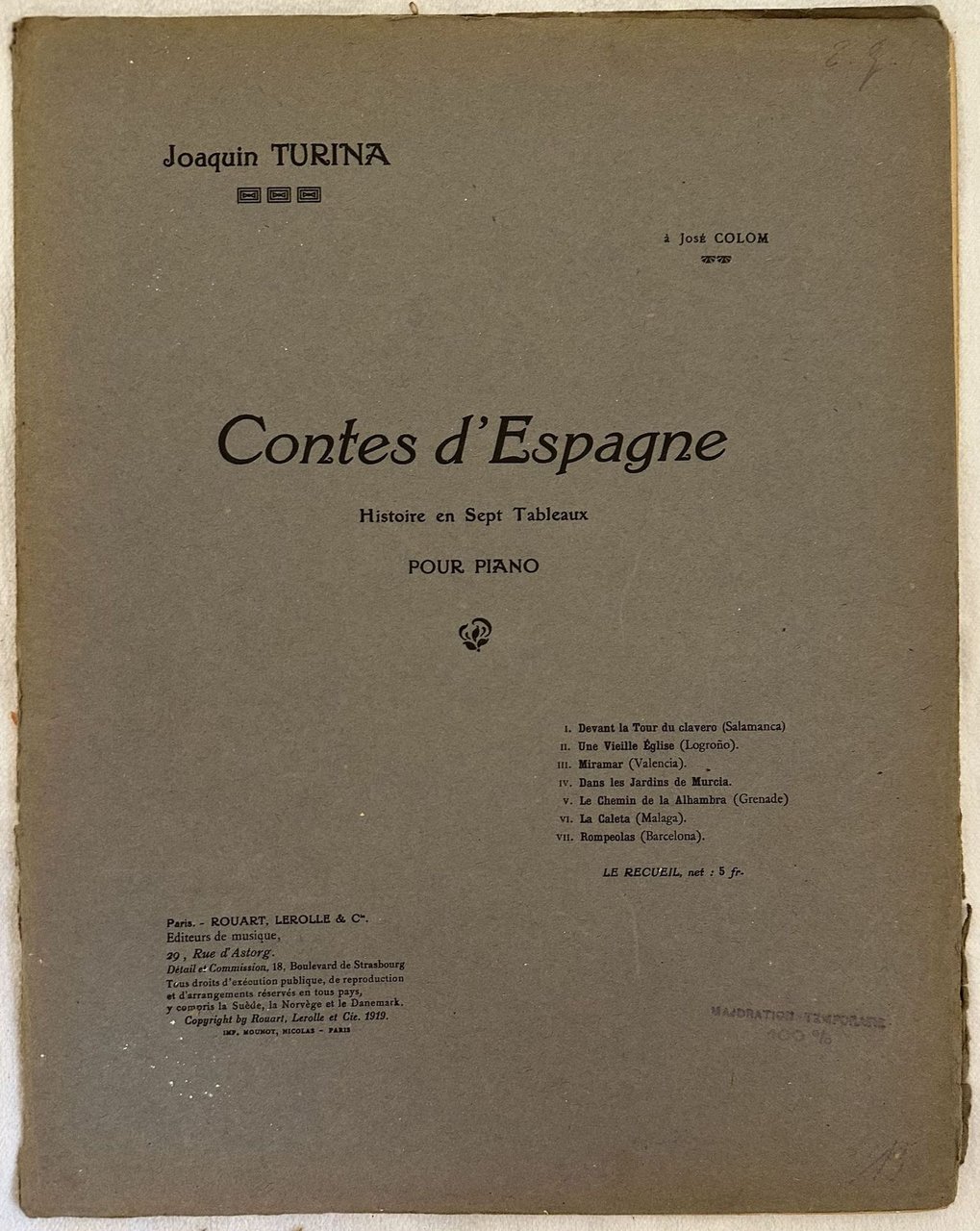 CONTES D'ESPAGNE HISTOIRE EN SEPT TABLEAUX POUR PIANO