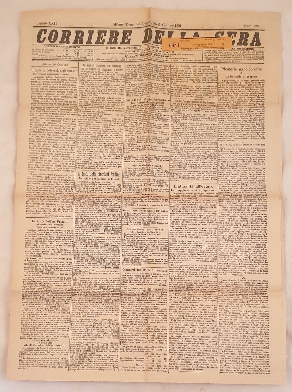 CORRIERE DELLA SERA MILANO DOMENICA LUNEDI 10 11 OTTOBRE 1897