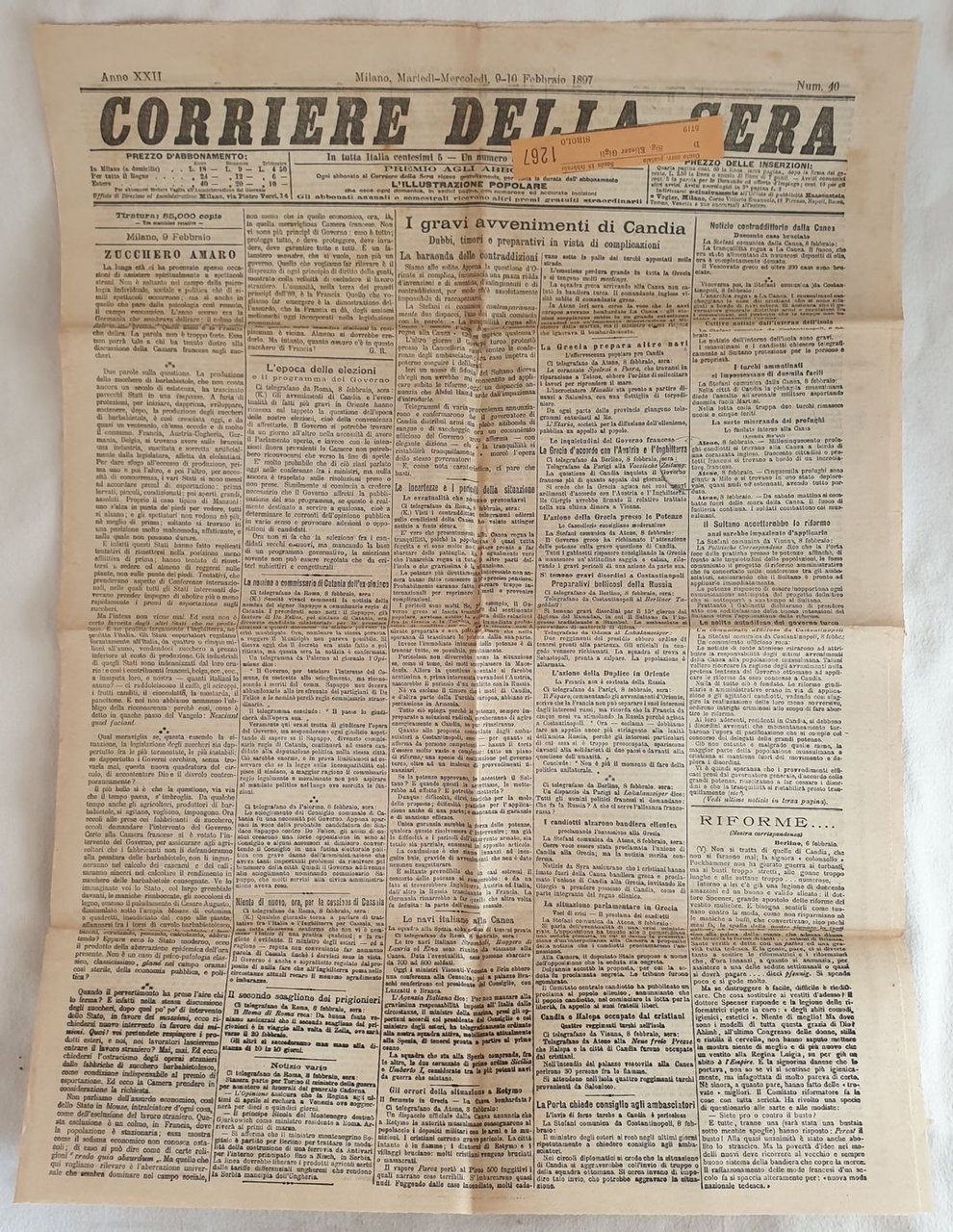 CORRIERE DELLA SERA MILANO DOMENICA LUNEDI 9 10 FEBBRAIO 1897