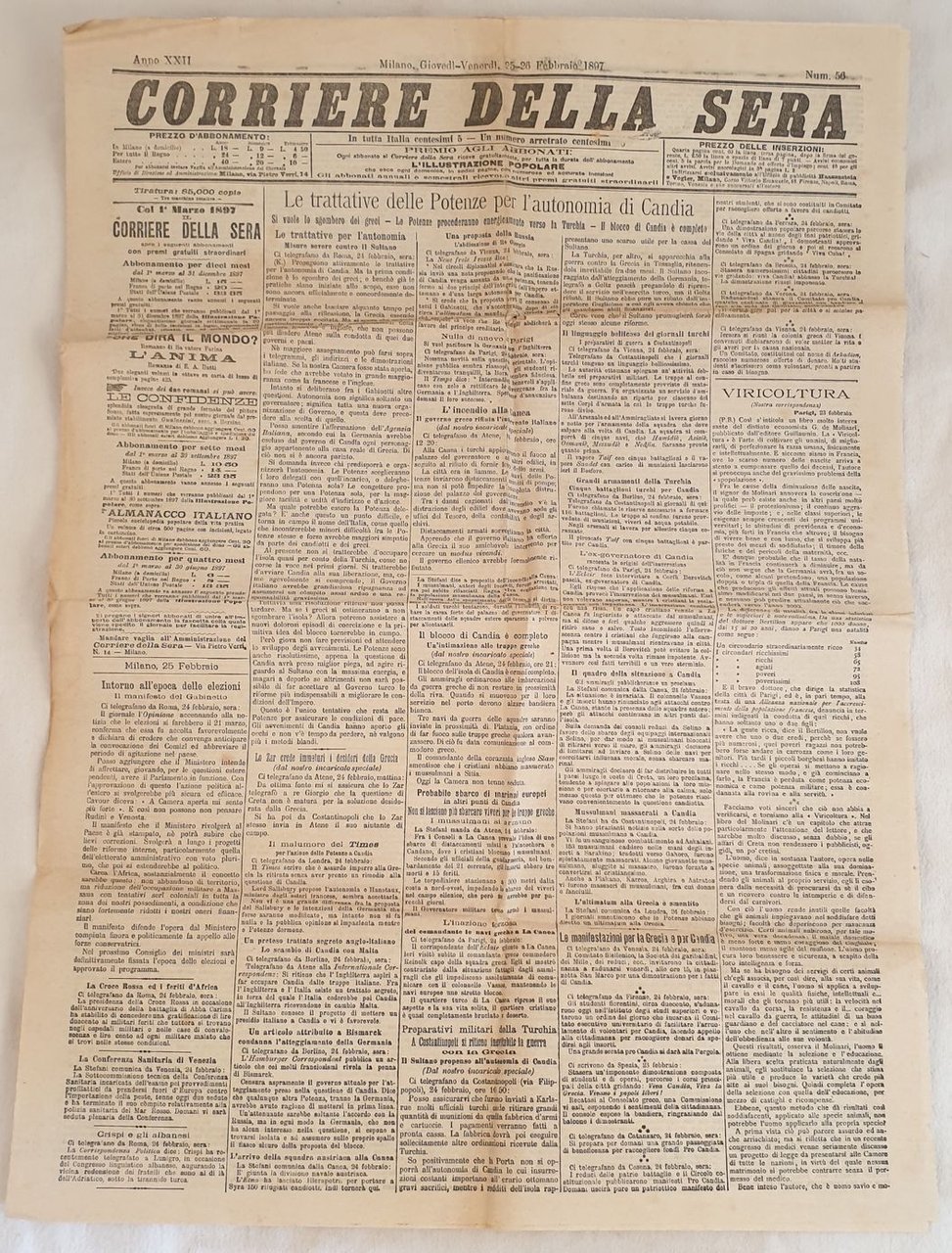 CORRIERE DELLA SERA MILANO GIOVEDI VENERDI 25 26 FEBBRAIO 1897