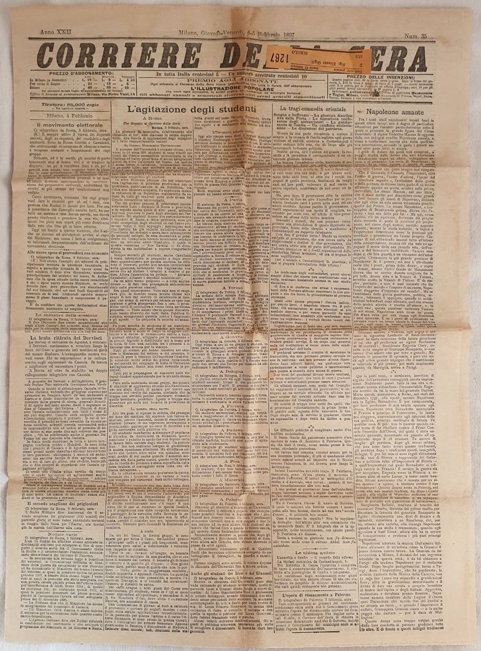 CORRIERE DELLA SERA MILANO GIOVEDI VENERDI 4-5 FEBBRAIO 1897