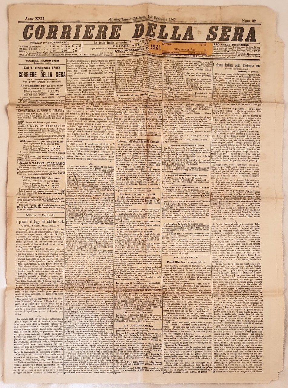 CORRIERE DELLA SERA MILANO LUNEDI MARTEDI 1 2 FEBBRAIO 1897