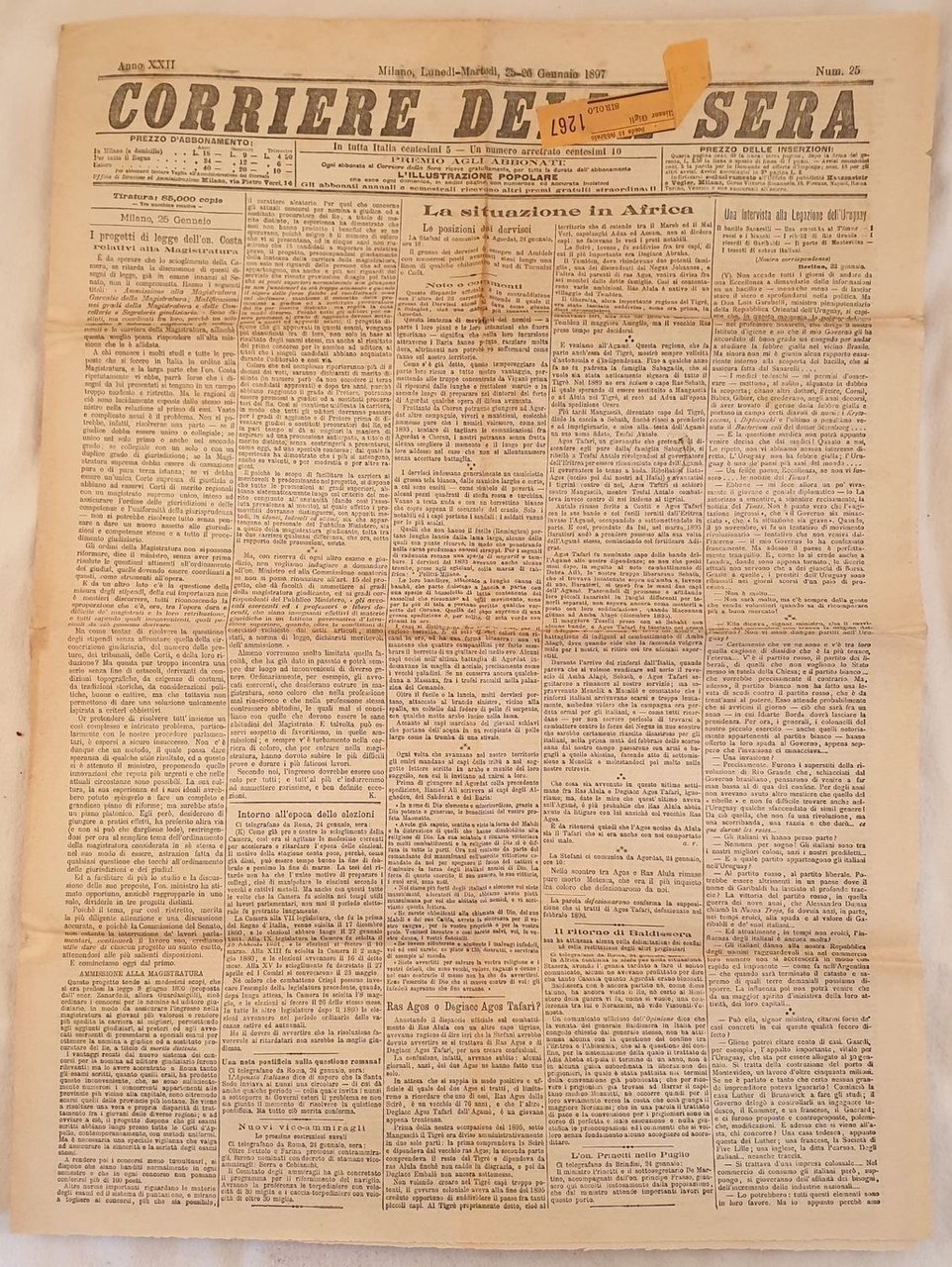CORRIERE DELLA SERA MILANO LUNEDI MARTEDI 25 26 GENNAIO 1897