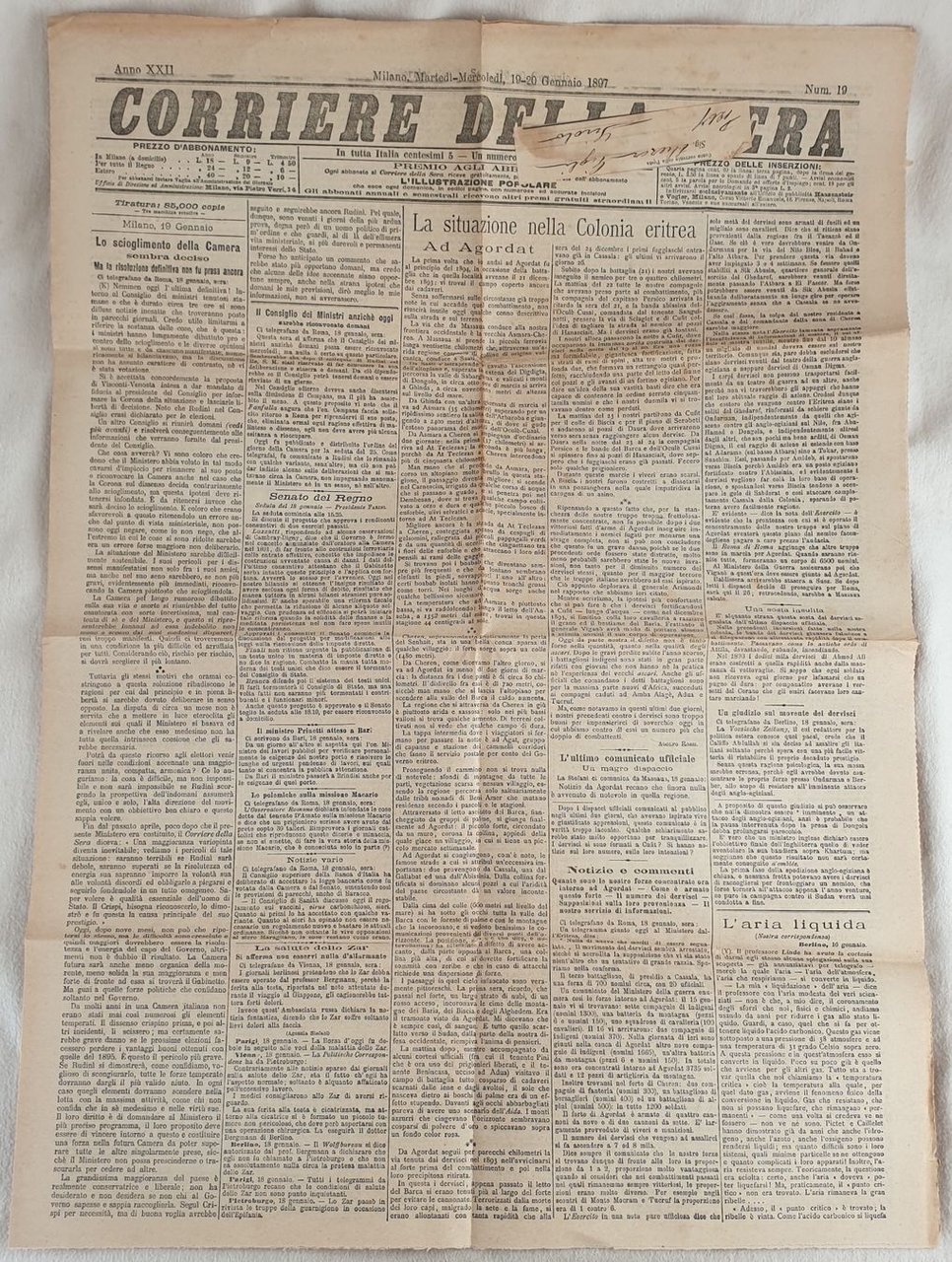 CORRIERE DELLA SERA MILANO MARTEDI MERCOLEDI 19 20 GENNAIO 1897