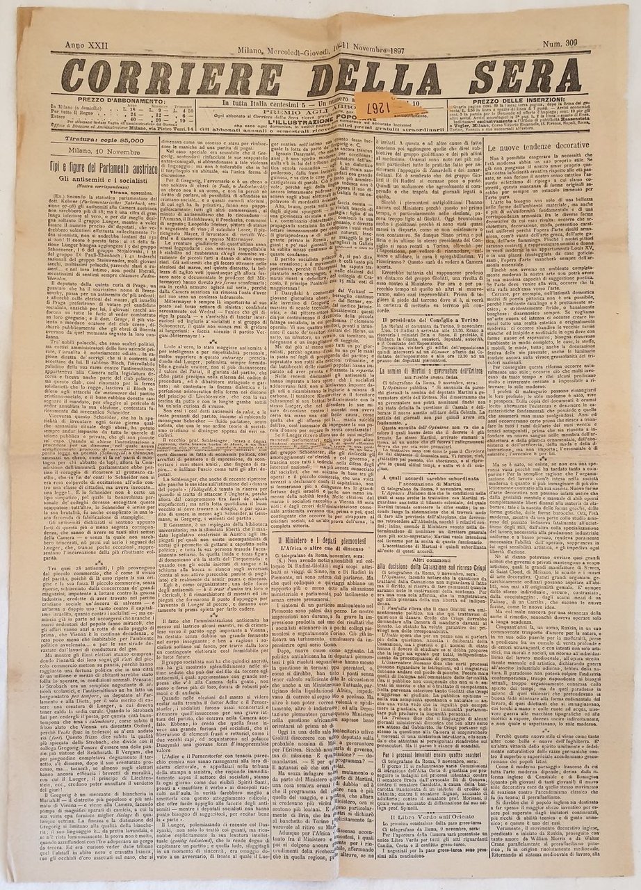 CORRIERE DELLA SERA MILANO MERCOLEDI GIOVEDI 10 11 NOVEMBRE 1897