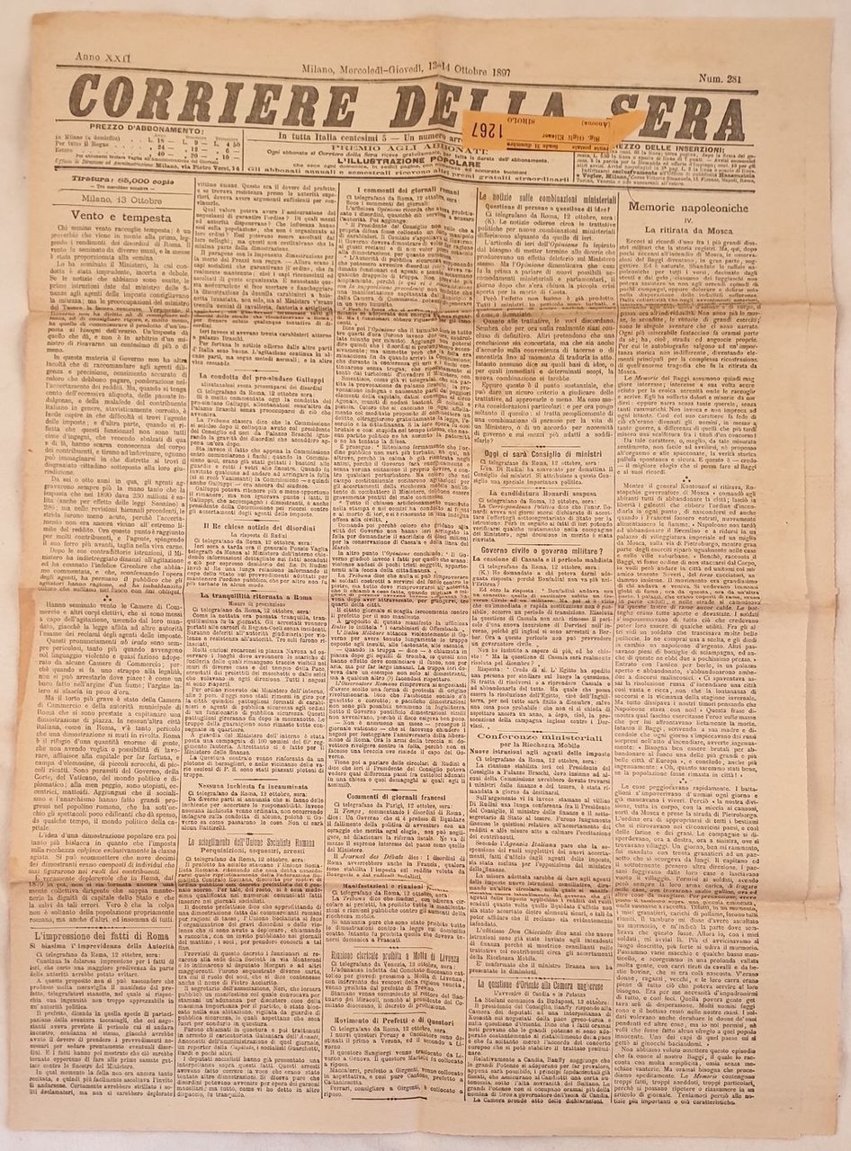 CORRIERE DELLA SERA MILANO MERCOLEDI GIOVEDI 13 14 OTTOBRE 1897