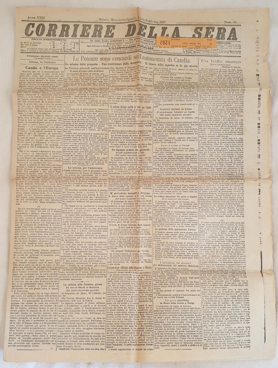 CORRIERE DELLA SERA MILANO MERCOLEDI GIOVEDI 24 25 FEBBRAIO 1897