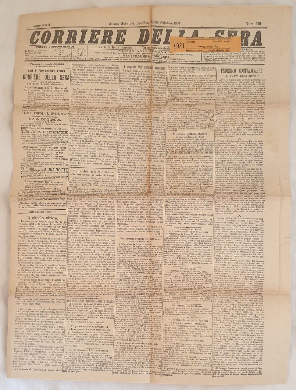 CORRIERE DELLA SERA MILANO SABATO DOMENICA 30-31 OTTOBRE 1897