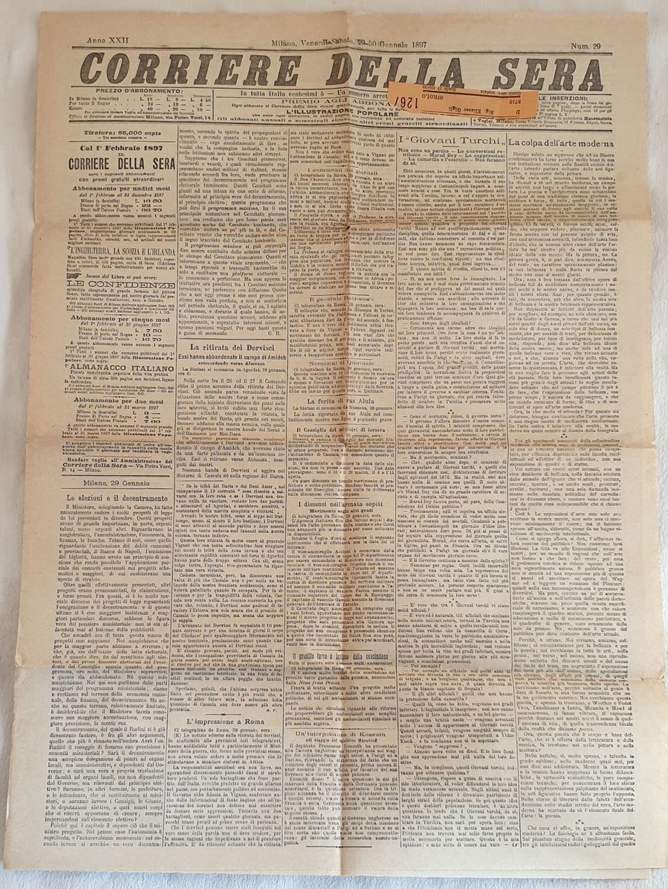 CORRIERE DELLA SERA MILANO VENERDI SABATO 29 30 GENNAIO 1897