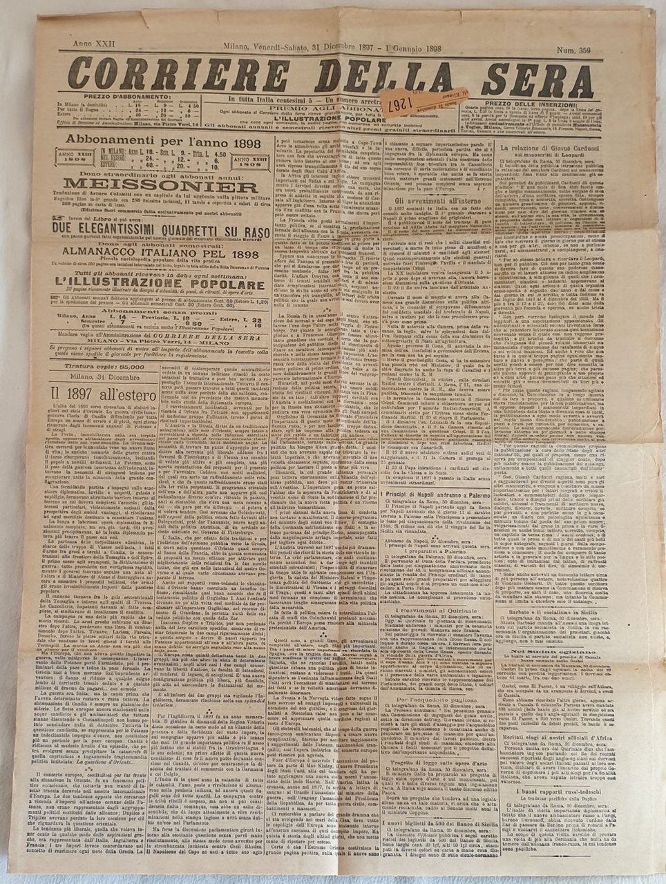 CORRIERE DELLA SERA MILANO VENERDI SABATO 31 DICEMBRE 1897 1 …