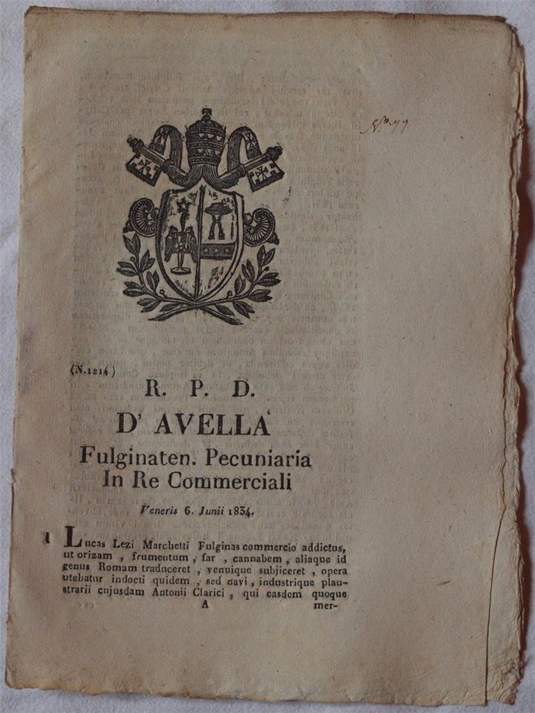 D'AVELLA FULGINATEN PECUNIARIA IN RE COMMERCIALI VENERIS 6 JUNII 1834