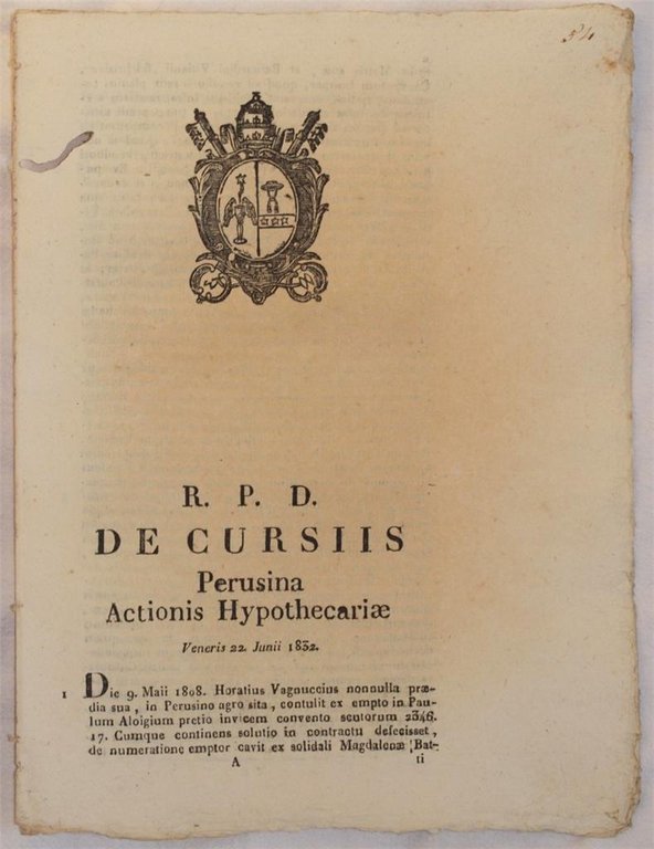 DE CURSIIS PERUSINA ACTIONIS HYPOTHECARIAE VENERIS 22 JUNII 1832