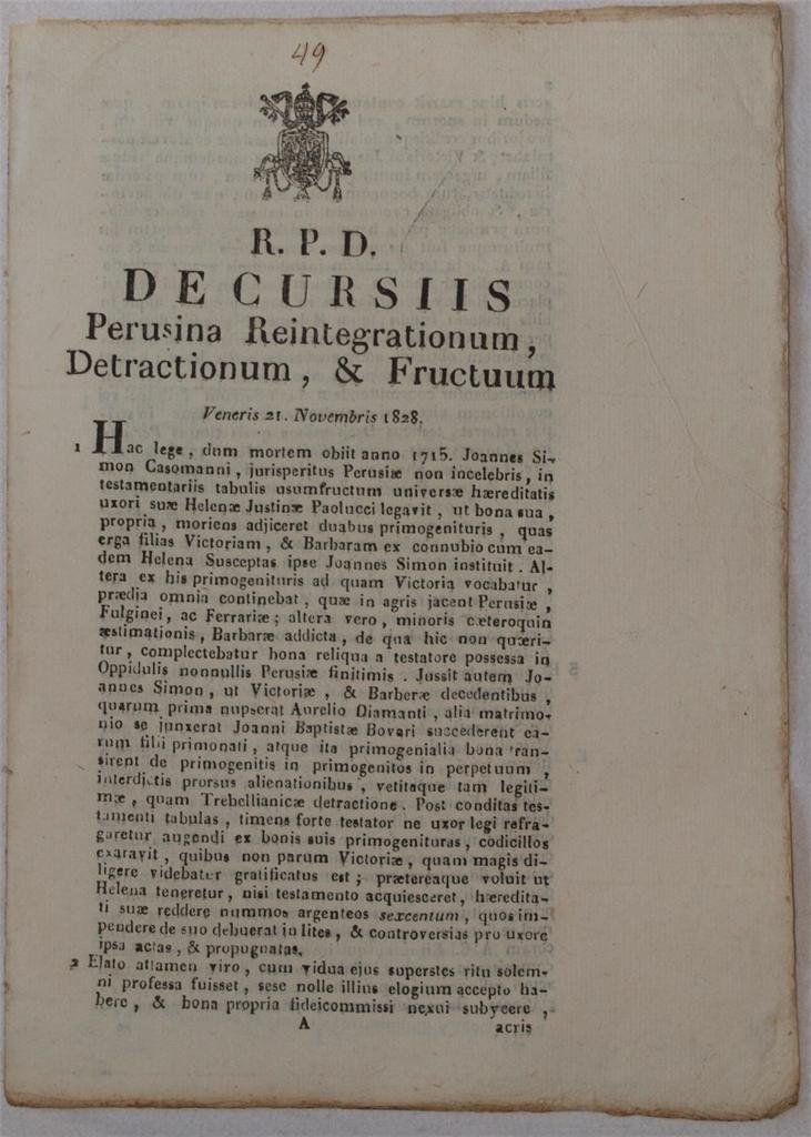 DE CURSIIS PERUSINA REINTEGRATIONUM,vDETRACTIONUM, & FRUCTUUMvVENERIS 21 NOVEMBRIS 1828