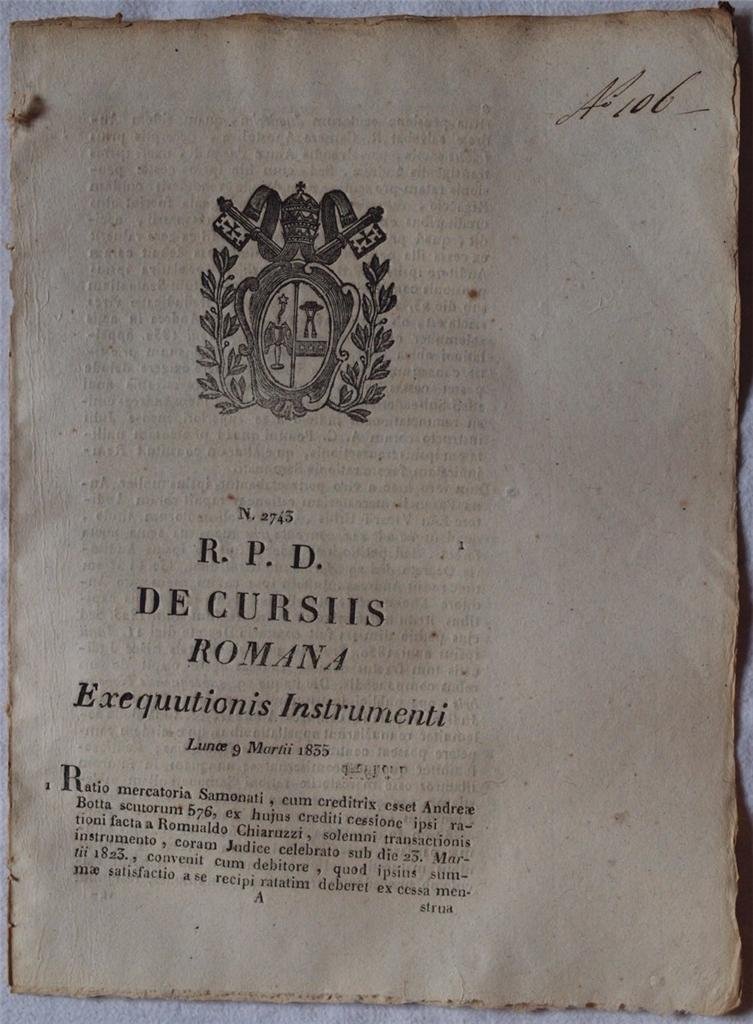 DE CURSIIS ROMANA EXEQUUTIONIS INSTRUMENTI LUNOE 9 MARTII 1835