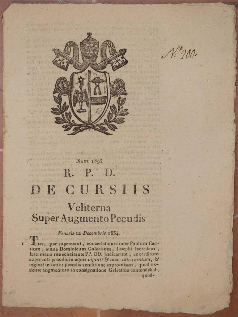 DE CURSIIS VELITERNA SUPER AUGMENTO PECUDIS VENERIS 12 DECEMBRIS 1834