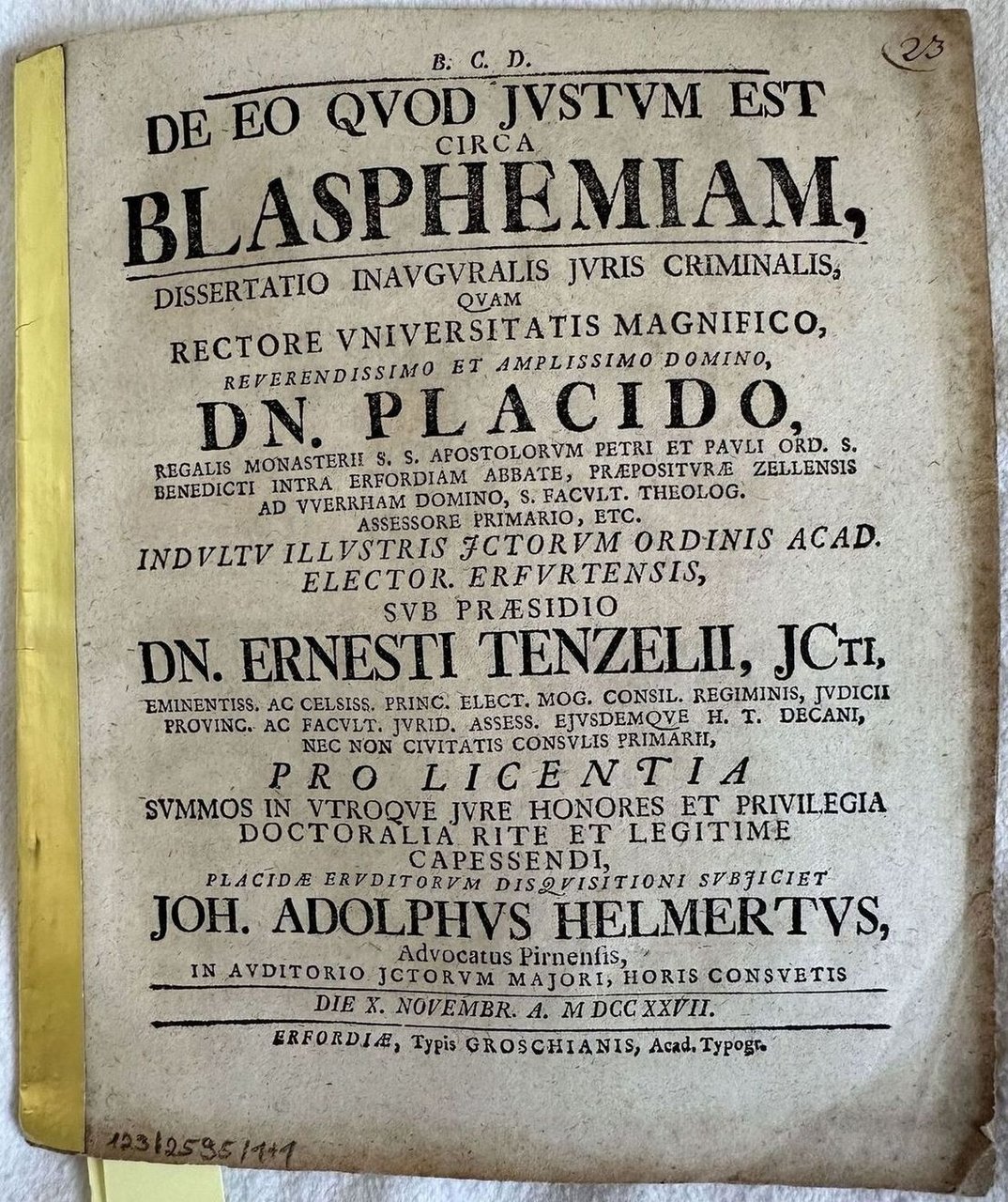 DE EO QUOD JUSTUM EST CIRCA BLASPHEMIAM DISSERTATIO INAUGURALIS JURIS …