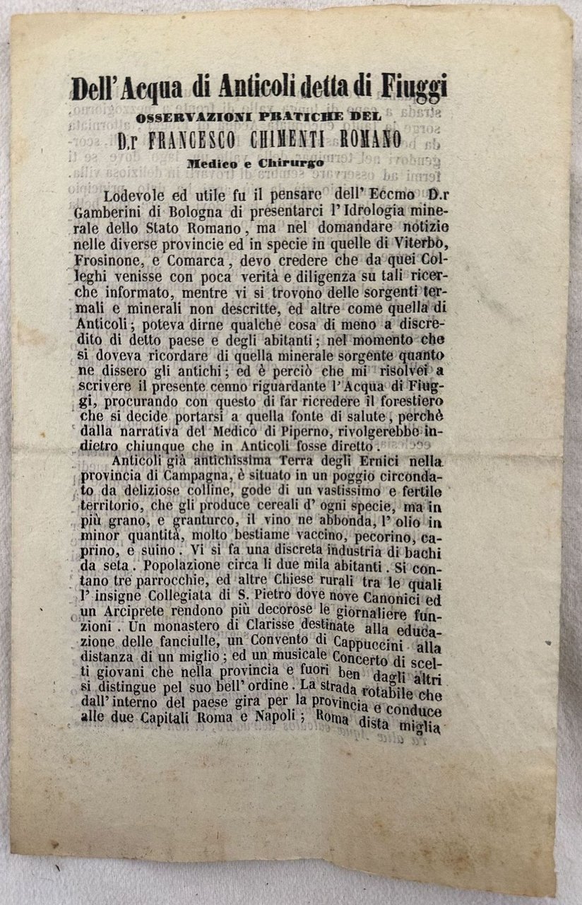 DELL'ACQUA DI ANTICOLI DETTA DI FIUGGI OSSERVAZIONI PRATICHE