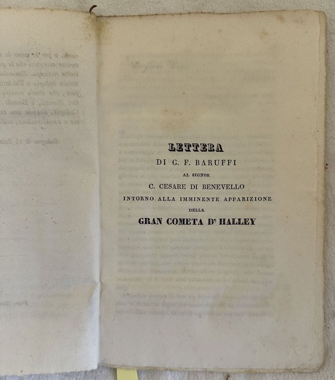 DELLA IMMINENTE APPARIZIONE DELLA GRAN COMETA D'HALLEY LETTERA DI G. …